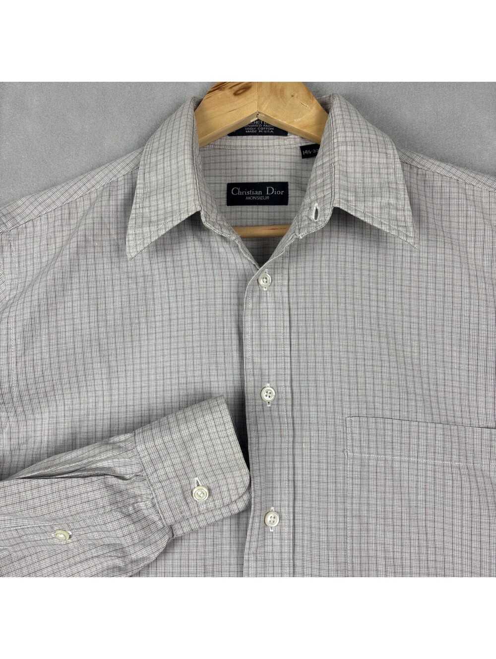 Vintage Christian Dior Monsieur Oxford Dress Shirt Men’s 14.5/33 Gray Red Plaid‎